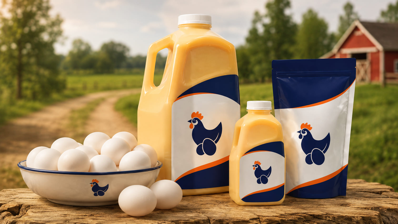Produkty Road Chicken Produce — świeże jaja i produkty jajeczne w otoczeniu farmy